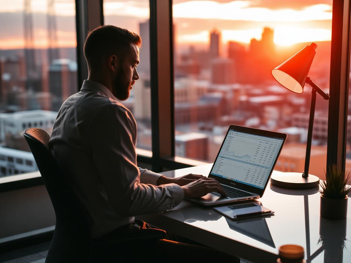 Accountant using QuickBooks in a Denver office at sunset